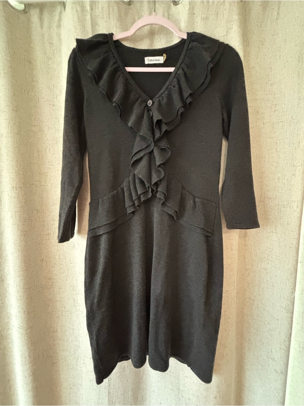 Calvin Klein Black Long-Sleeve Ruffle-Front Knit Dress